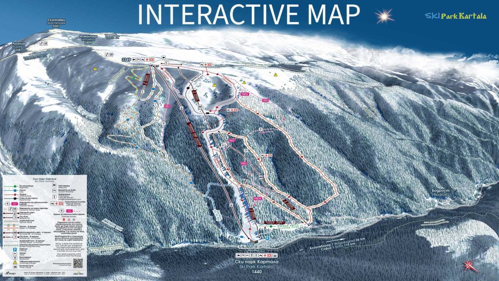 Winter interactive map of Kartal. With legend for all tracks, co-ordinates and hazards in the right corner.